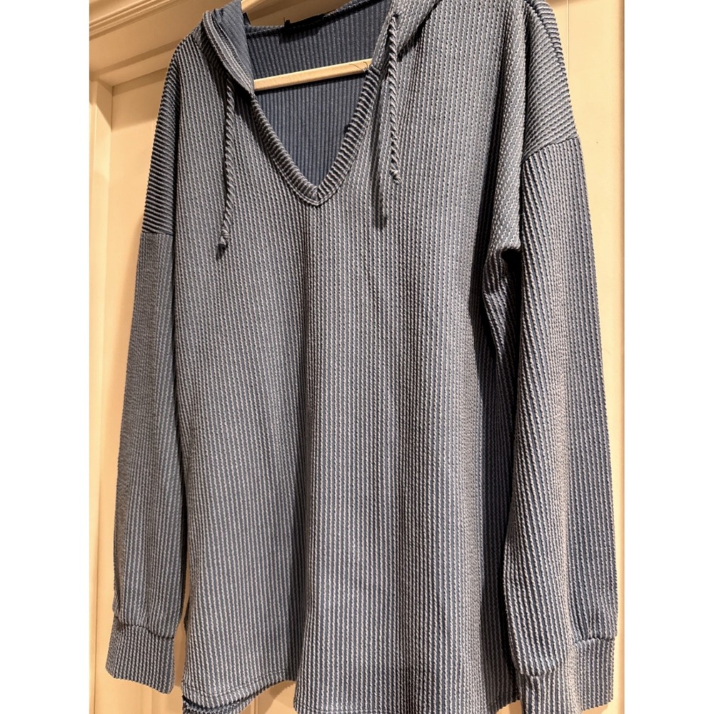 HEIMISH USA Blue Ribbed Knit V Neck Hoodie Tunic Top Plus Size 1XL Gorpcore - Picture 11 of 13